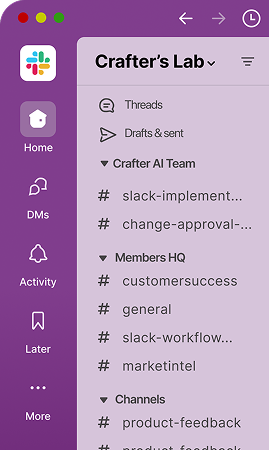Slack workspace with live AI agent workflows